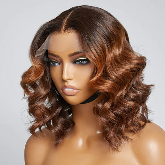 12 Inches Elegant Brown Ombre Loose Wave T-Part HD Lace Glueless Wig