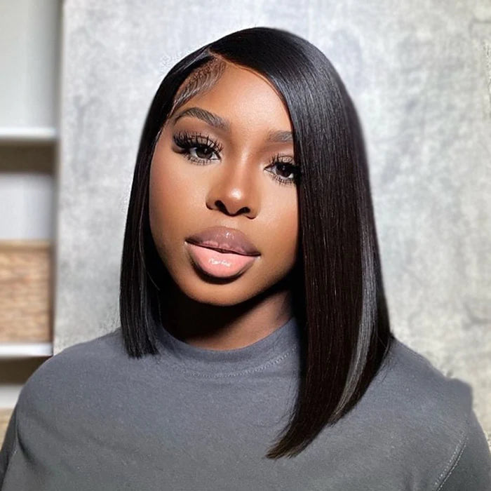 Virgin Hair 12 inches Asymmetrical Blunt Bob 13"x4" Transparent Frontal Lace Wig