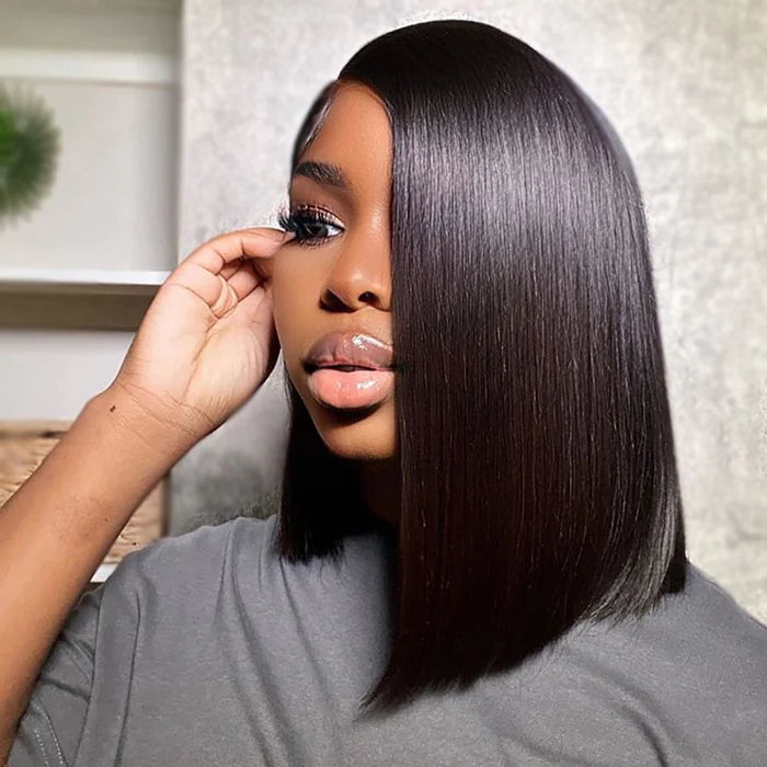 Virgin Hair 12 inches Asymmetrical Blunt Bob 13"x4" Transparent Frontal Lace Wig