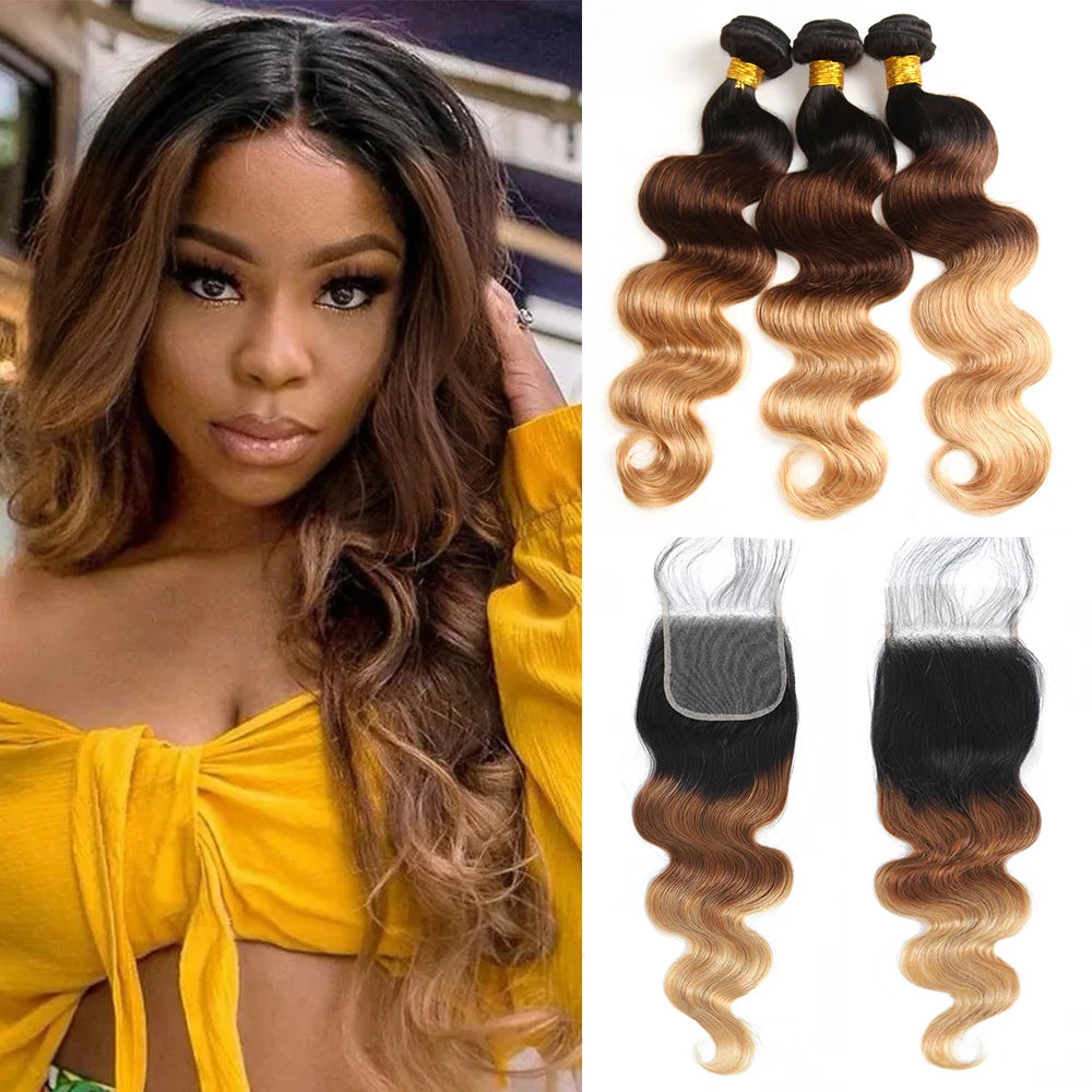 Brazilian Body Wave Ombre Human Bundles With HD Lace Frontal Closure